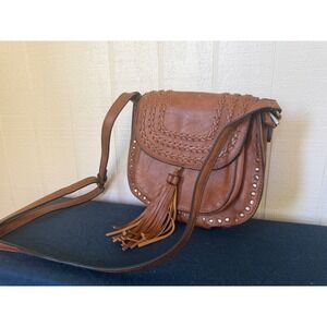 Antik Kraft Cognac Brown Braided Tassel Studded Crossbody Saddle Bag Western